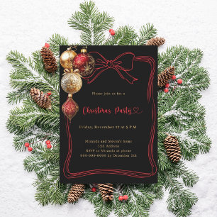 Black bow red gold baubles Christmas Party Invitation