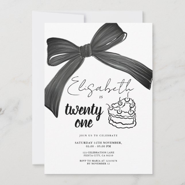 Black Bow Ribbon 21st Birthday Invitation (Front)