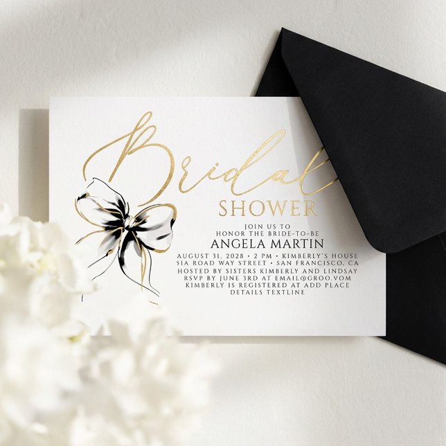 Black Bow She's Tying The Knot Bridal Shower (Black Bow Gold Foil Bridal Shower Invitation)