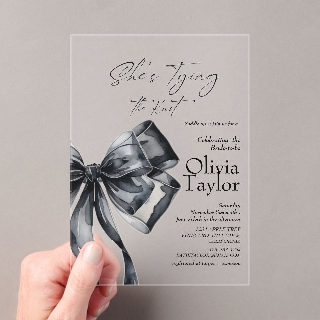 Black Bow She's Tying the Knot Bridal Shower Acrylic Invitations (Insitu (Handheld))