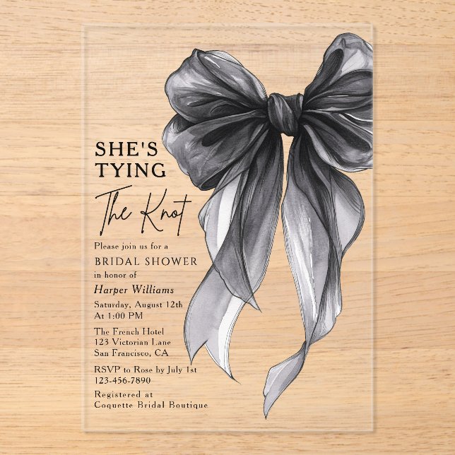 Black Bow She's Tying The Knot Bridal Shower Acrylic Invitations (Front)