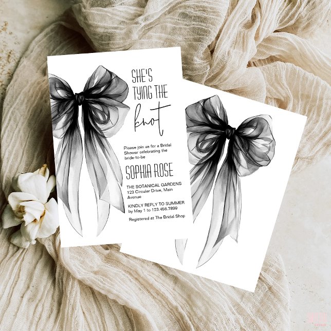 Black Bow She's Tying The Knot Bridal Shower Invitation (shes tying the knot elegant black bow bridal shower invitation gothic coquette theme bride or die)