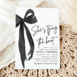 Black Bow She's Tying the Knot Bridal Shower Invitation<br><div class="desc">The "Black Bow She's Tying the Knot Bridal Shower Invitation" exudes elegance and sophistication, setting the perfect tone for a memorable celebration. Featuring a sleek black bow design, this invitation beautifully symbolises the bride-to-be tying the knot. The minimalist yet stylish design captures attention and conveys a sense of excitement for...</div>