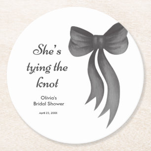 Black Bow She's Tying the Knot Bridal Shower Round Paper Coaster