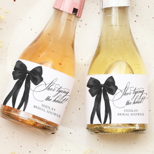 Black Bow She's Tying The Knot Bridal Shower Sparkling Wine Label
