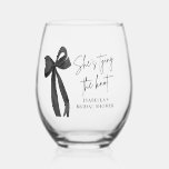 Black Bow She's Tying the Knot Bridal Shower Stemless Wine Glass<br><div class="desc">Cheers to the bride-to-be with this Black Bow "She’s Tying the Knot" stemless wine glass 🎀 Featuring a sleek black ribbon design and elegant script, it’s the perfect mix of style and celebration. Ideal for bridal shower toasts, bridesmaid gifts, or a chic party favour your guests will love 🖤 Reusable...</div>