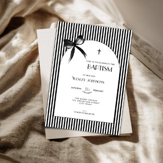 Black Bow Striped Boys Girls - Baptism Invitation
