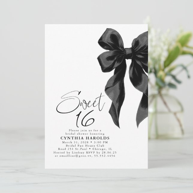 Black Bow Sweet 16 Birthday Invitation (Standing Front)