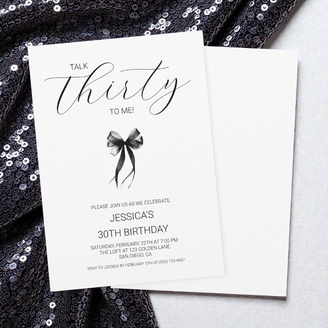 Black Bow Talk Thirty To Me 30th Birthday Party Invitation (Black Bow Talk Thirty To Me 30th Birthday Party Invitation)
