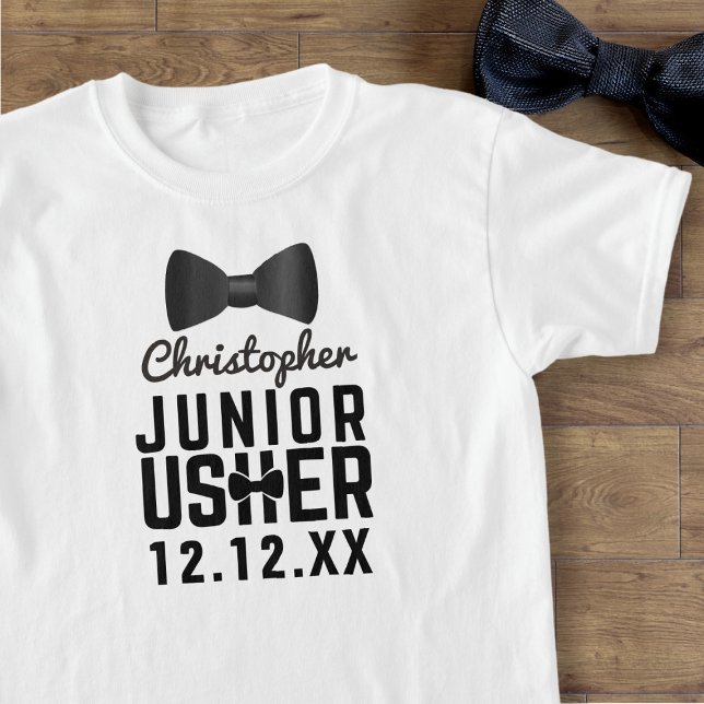 Black Bow Tie Junior Usher Attendant White T-Shirt (Just add your Junior Usher's name and your wedding date)