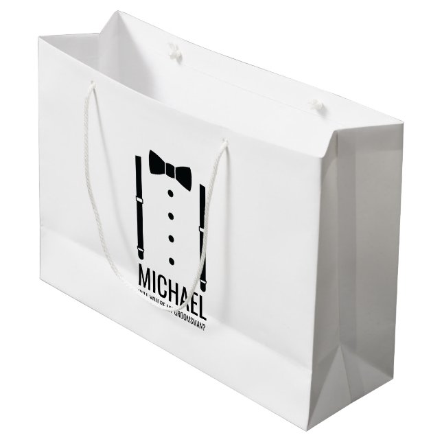 Black Bow Tie Personalised Groomsman Proposal Large Gift Bag (Front Angled)