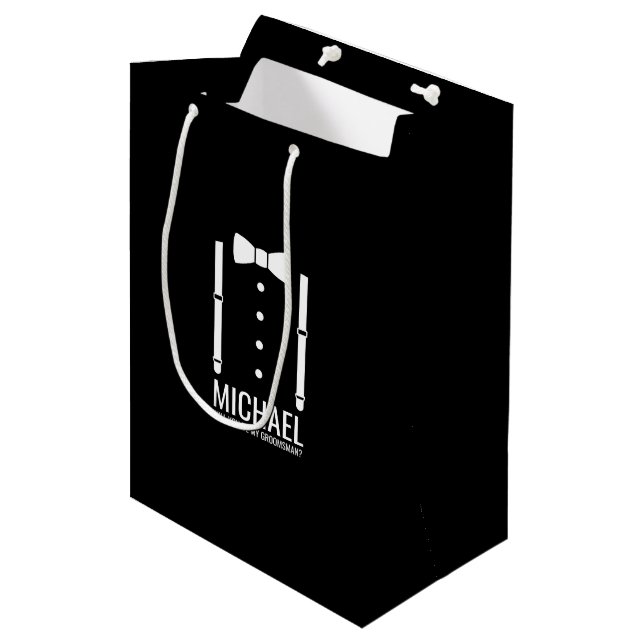 Black Bow Tie Personalised Groomsman Proposal Medium Gift Bag (Front Angled)