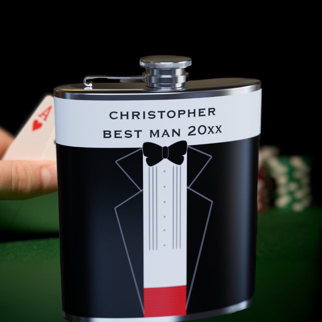 Black Bow Tie Tuxedo Best Man Groomsmen Flask (Fun tuxedo flask for your groomsmen. Just add their name and year)