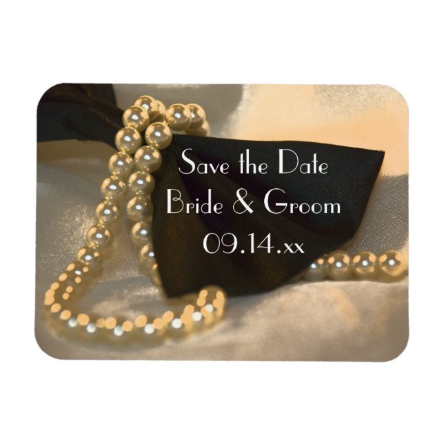 Black Bow Tie White Pearls Wedding Save the Date Magnet (Horizontal)