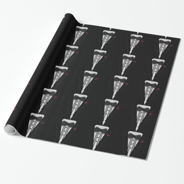 Black Bow Tie with Red Rose Tuxedo Wrapping Paper (Unrolled)