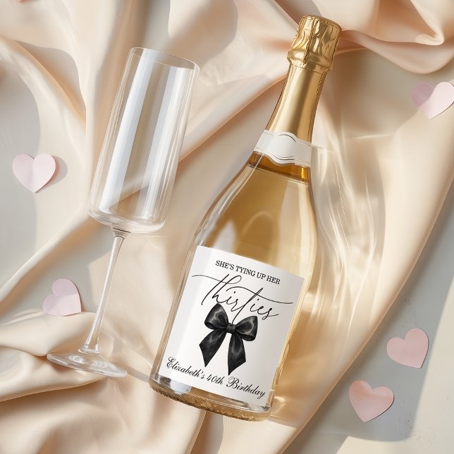 Black Bow Tying Up Her Thirties 40th Birthday Sparkling Wine Label (Black Bow Tying Up Her Thirties 40th Birthday Sparkling Wine Label)