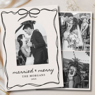 Black Bow Vintage Married & Merry 4 Photo Wedding Holiday Card