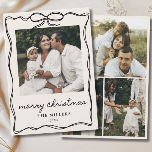 Black Bow Vintage Merry Christmas 4 Photo Family Holiday Card