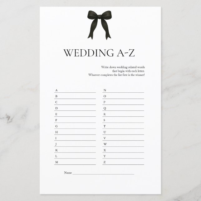 Black Bow Wedding A-Z Game | Modern Bridal Shower (Front)