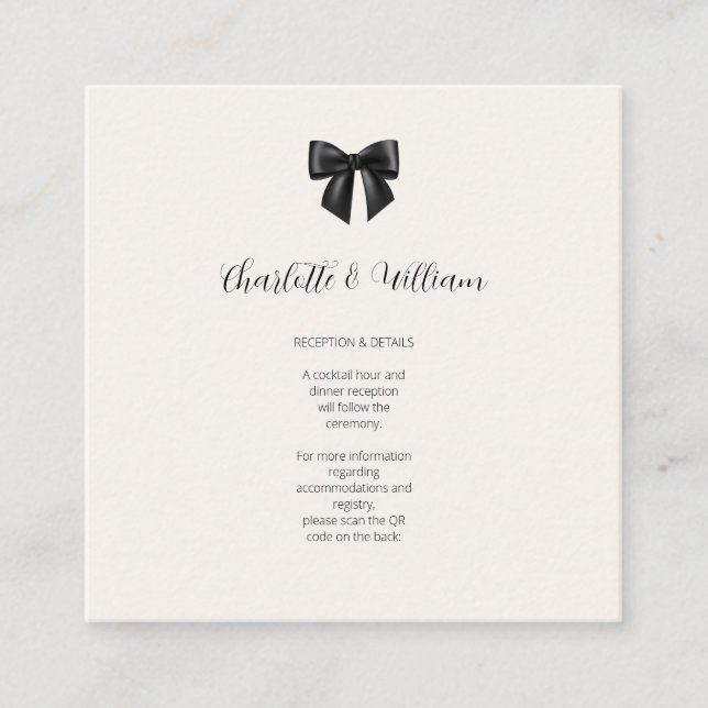Black Bow Wedding QR Code Details Card (Front)