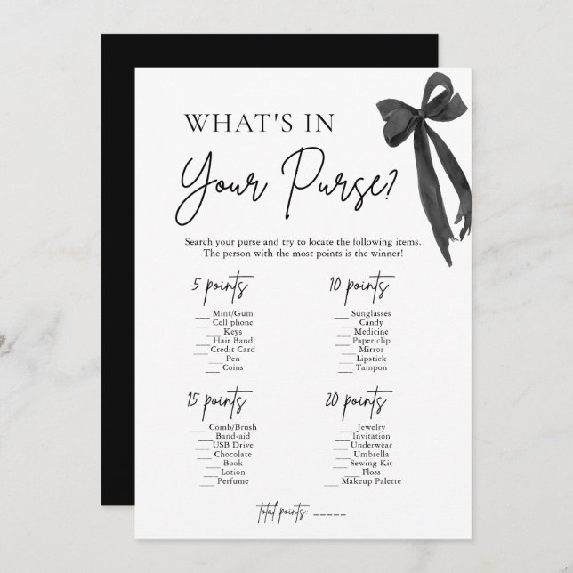 Black Bow What's In Your Purse Bridal Shower Game Invitation (Front/Back)