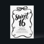 Black Bow Whimsical Sweet 16th Birthday Invitation<br><div class="desc">In this 16th birthday invitation, a handwritten black brush lettering dances across the page with expressive strokes and playful movement, making the message "Sweet 16" feel lively, modern, and full of personality. The curly black bow frame pulls everything together into one bold, cohesive composition. Against a clean white backdrop, the...</div>
