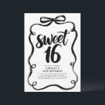 Black Bow Whimsical Sweet 16th Birthday Invitation<br><div class="desc">In this 16th birthday invitation, a handwritten black brush lettering dances across the page with expressive strokes and playful movement, making the message "Sweet 16" feel lively, modern, and full of personality. The curly black bow frame pulls everything together into one bold, cohesive composition. Against a clean white backdrop, the...</div>