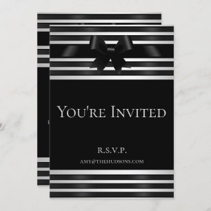 Black Bow White Stripes New Year's Eve Invitation