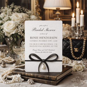 Black Bow With Pearl Old Money Style Bridal Shower Invitation