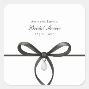 Black Bow With Pearl Old Money Style Bridal Shower Square Sticker