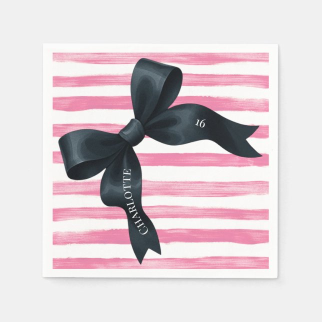 Black Bow with Pink White Stripe Birthday Cocktail Napkin (Front)