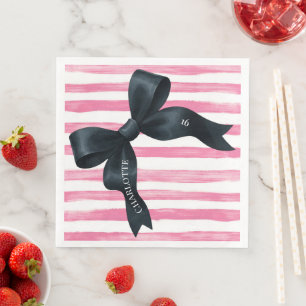 Black Bow with Pink White Stripe Birthday Napkin