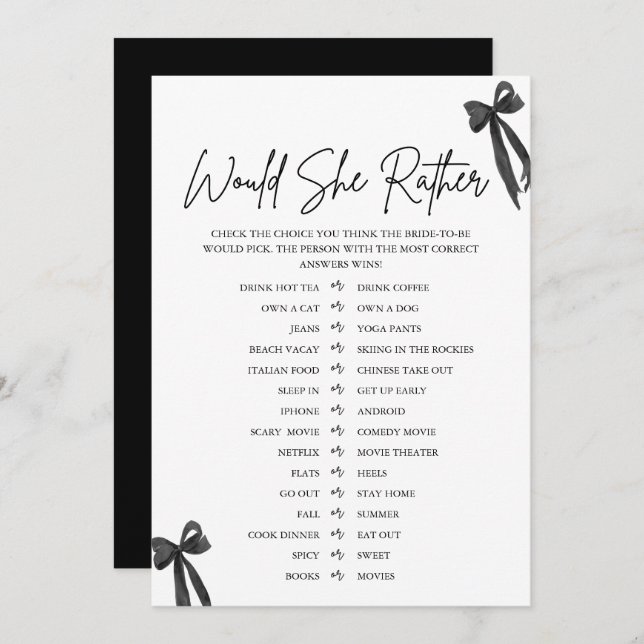 Black Bow Would She Rather Bridal Shower Game Invitation (Front/Back)