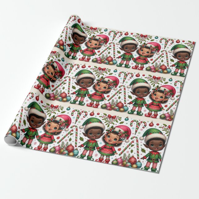 Black Boy and Girl Elves Christmas Wrapping Paper (Unrolled)