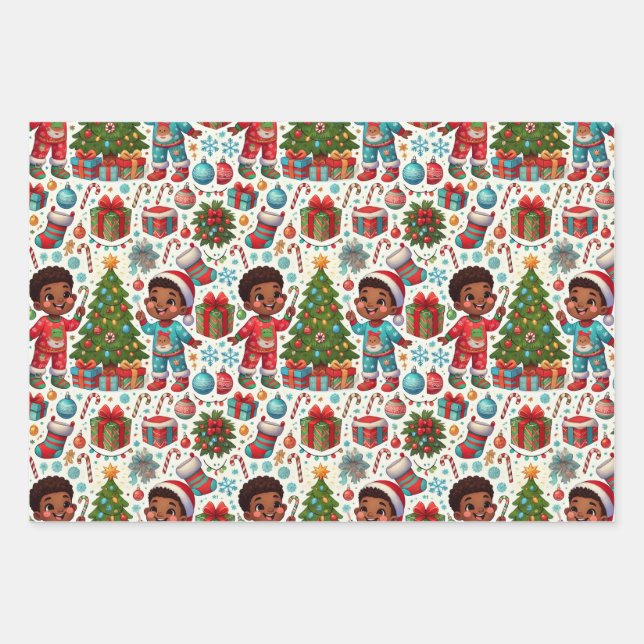 Black Boy Holiday Joy Gift Wrapping Wrapping Paper Sheet (Front 3)