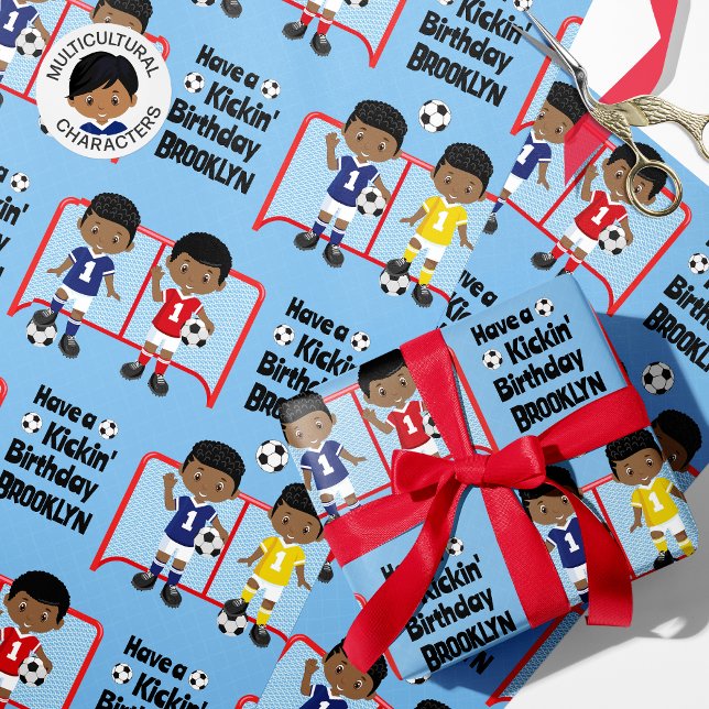 Black Boy Soccer Birthday Personalised  Wrapping Paper (Creator Uploaded)