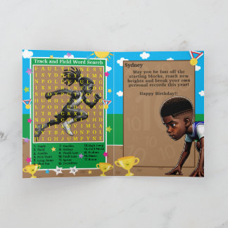 Black Boys Track Star Word Search Happy Birthday Card