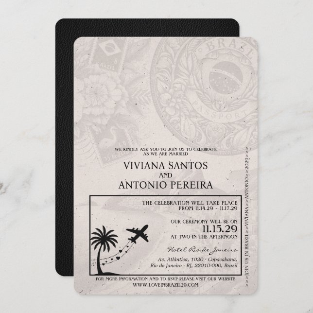 Black Brazil Passport Wedding Invitation (Front/Back)