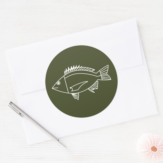 Black Bream Fish in White on Khaki Green Classic Round Sticker (Envelope)