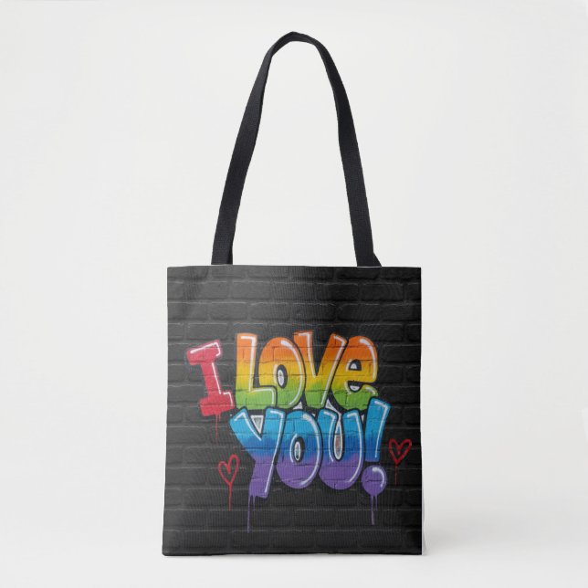 Black Brick Wall with Graffiti “I Love You!” Tote Bag (Front)