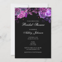 Black bridal shower invitation. Purple bride party