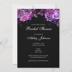 Black bridal shower invitation. Purple bride party Invitation
