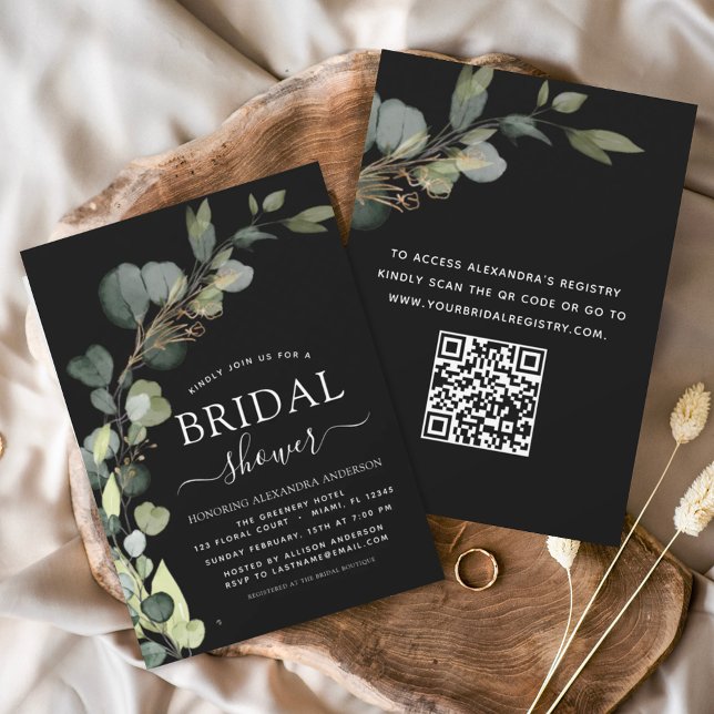 Black Bridal Shower QR Code Eucalyptus Invitation (Creator Uploaded)