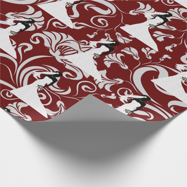 Black Bride Silhouette Red Damask Wedding Wrapping Paper (Corner)