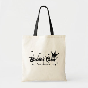 Black Bride's Crew Typography Crown and Stars Tote Bag