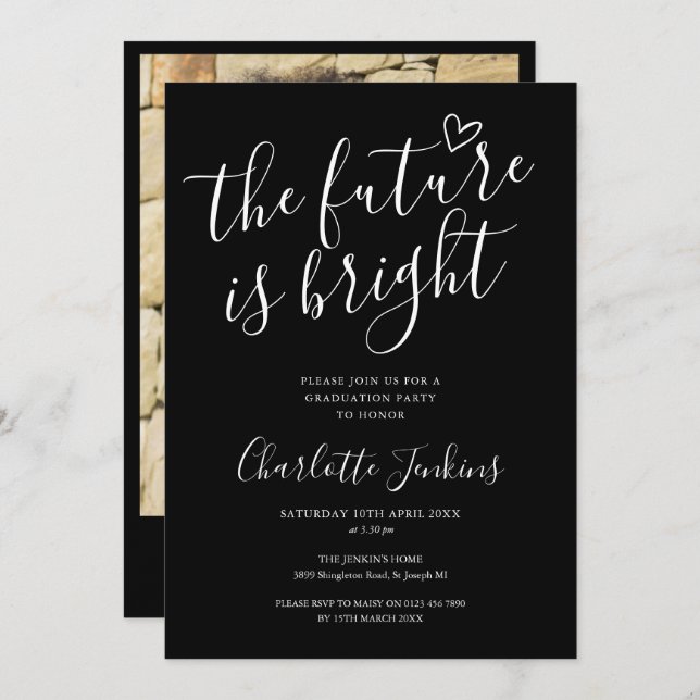 Black Bright Future Script Photo Graduation Party Invitation (Front/Back)