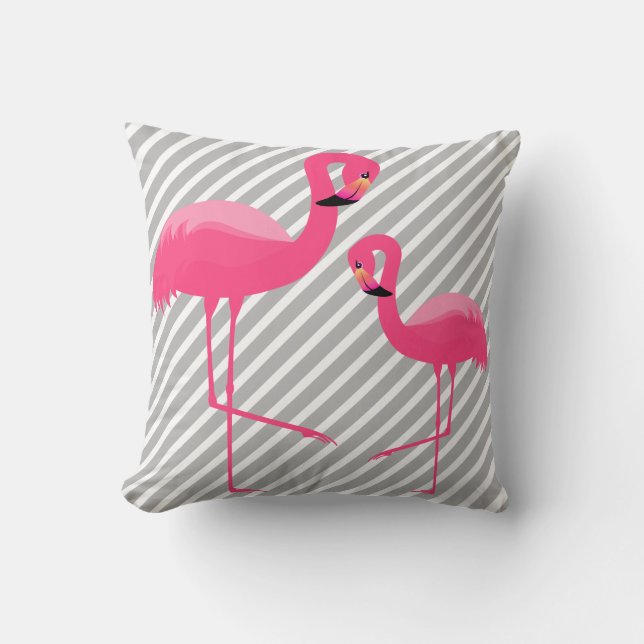 BLACK BRIGHT PINK FLAMINGO White Grey Stripe Cushion (Front)