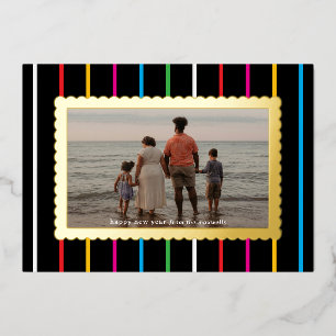 Black Bright Stripes and Scallops Landscape Photo Foil Holiday Card