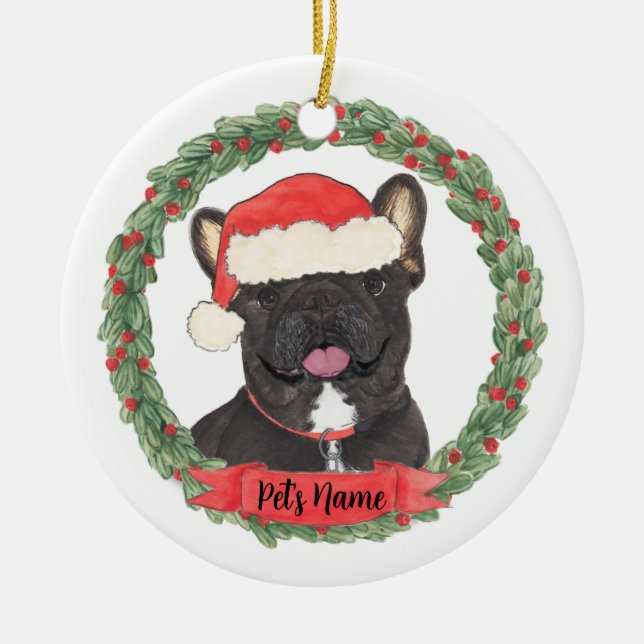 Black Brindle Frenchie French Bulldog Christmas Ceramic Ornament (Front)