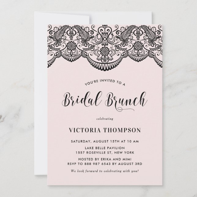 Black Brocade Lace Blush Bridal Brunch Invitation (Front)